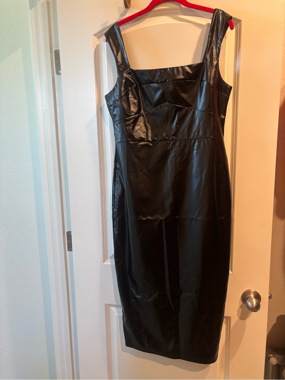 Commense Black Faux Leather Square-Neck Midi Dress